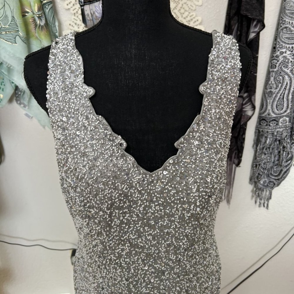 FLOOR LENGTH GREY/SILVER BEADED EVENING GOWN BY SCALA